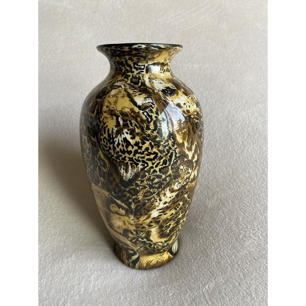 LA VIE CERAMIC/POTTERY AFRICAN SAFARI PATCHWORK WILD ANIMAL PRINT 9.5" VASE
